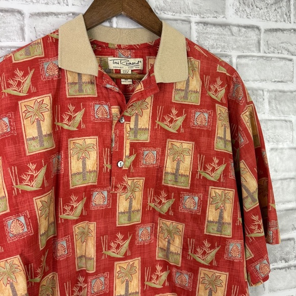 Tori Richard Hawaiian Lightweight Cotton Lawn Tropical Polo Shirt Mens LARGE - Picture 1 of 6